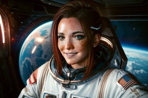 1 girl,  brown eyes, dark red hair, brown eyes, white and red space suit, space, black space, freckles, earth, the moon, the sun, floating in space, space, future, smile, astronaught suit, stronaught helmet, floating in space, selife, alient planet, 