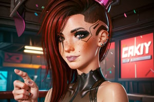  party hat, dancing, celebrating, looking at viewer, future party, future cyberpunk apartment, happy, cake, confetti, dress, sexy dress, lace, 1 girl, behind, brown eyes, dark red hair, brown eyes, close up, freckles,  ear piercings pierced ear, lip piercings,