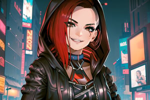 1 girl, red hair, brown eyes, nighty city, cyberpunk, sexy outfit, close up, collar, barely_clothed, smile, bullet neckless, ear piercing, wave, smile, fingers, hooded, hood up, assassins creed, smile, black hoodie, neon lights, apartment. witcher, dress, skin tight latex suit
