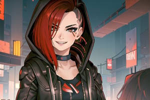 1 girl, red hair, brown eyes, nighty city, cyberpunk, sexy outfit, close up, collar, barely_clothed, smile, bullet neckless, ear piercing, wave, smile, fingers, hooded, hood up, assassins creed, smile, only face seen, smile, hidden in shadow, sexy, wvil smile