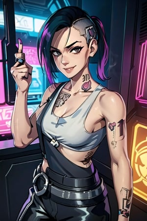 1 Judy, cyberpunk, sexy, tattoos, sexy, badass. Full naked, breasts out, pony tail, tank top, clothed, ,cyberpunk,Detailedface, happy, smile, sexy, cute, smoking, sexy, smiling, 