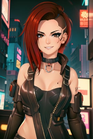 1 girl, red hair, brown eyes, nighty city, cyberpunk, sexy outfit, close up, collar, barely_clothed, smile, bullet neckless, ear piercing