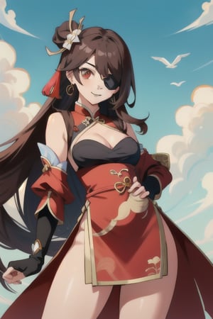 beidou(genshin impact), smile, one eye covered, brown hair, cleavage, bird, eyepatch, solo, hair over one eye, sky, fingerless gloves, thighs, black gloves, red eyes, outdoors, hair ornament, jewelry, dress, earrings, gloves, day, cloud, long hair, looking at viewer, red dress, blue sky, pelvic curtain, chinese clothes, 1girl, hairpin

