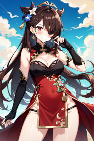 beidou(genshin impact), smile, one eye covered, brown hair, cleavage, bird, eyepatch, solo, hair over one eye, sky, fingerless gloves, thighs, black gloves, red eyes, outdoors, hair ornament, jewelry, dress, earrings, gloves, day, cloud, long hair, looking at viewer, red dress, blue sky, pelvic curtain, chinese clothes, 1girl, hairpin

