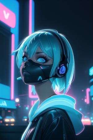 (frontal view, facing viewer:1.2), centered, masterpiece, face portrait, | 1girl, solo, aqua hair color, short hairstyle, light blue eyes, | (neon wireless headphones headset:1.2), (black neon futuristic mouth mask:1.2), dark blue hoodie, | futuristic city lights, sunset, buildings, urban scenery, neon lights | bokeh, depth of field,