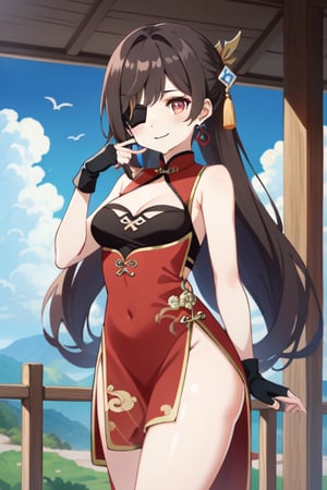 beidou(genshin impact), smile, one eye covered, brown hair, cleavage, bird, eyepatch, solo, hair over one eye, sky, fingerless gloves, thighs, black gloves, red eyes, outdoors, hair ornament, jewelry, dress, earrings, gloves, day, cloud, long hair, looking at viewer, red dress, blue sky, pelvic curtain, chinese clothes, 1girl, hairpin

