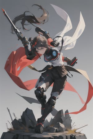 Make design, 1 boy, 20yo,doing ninja move,nice art,8k,medium_breasts, hold weapons, active background, colorful,perfect art,wearing white,war Mode,add some mech,detailed skin,perfect eyes.