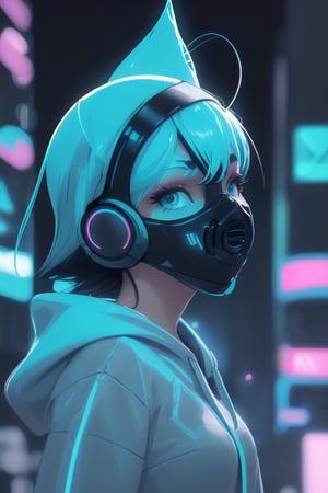 (frontal view, facing viewer:1.2), centered, masterpiece, face portrait, | 1girl, solo, aqua hair color, short hairstyle, light blue eyes, | (neon wireless headphones headset:1.2), (black neon futuristic mouth mask:1.2), dark blue hoodie, | futuristic city lights, sunset, buildings, urban scenery, neon lights | bokeh, depth of field,