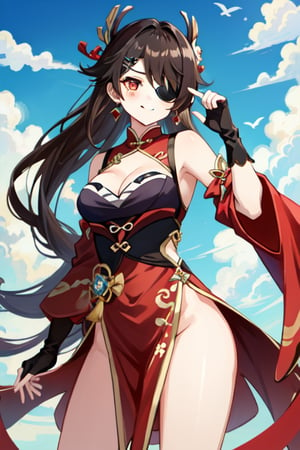 beidou(genshin impact), smile, one eye covered, brown hair, cleavage, bird, eyepatch, solo, hair over one eye, sky, fingerless gloves, thighs, black gloves, red eyes, outdoors, hair ornament, jewelry, dress, earrings, gloves, day, cloud, long hair, looking at viewer, red dress, blue sky, pelvic curtain, chinese clothes, 1girl, hairpin

