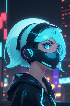 (frontal view, facing viewer:1.2), centered, masterpiece, face portrait, | 1girl, solo, aqua hair color, short hairstyle, light blue eyes, | (neon wireless headphones headset:1.2), (black neon futuristic mouth mask:1.2), dark blue hoodie, | futuristic city lights, sunset, buildings, urban scenery, neon lights | bokeh, depth of field,