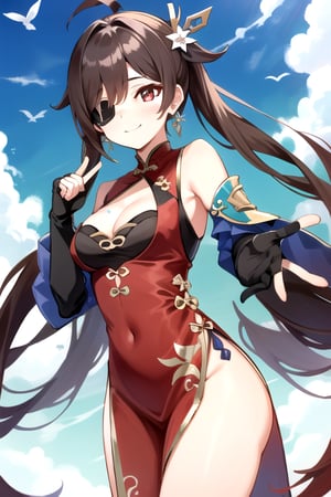 beidou(genshin impact), smile, one eye covered, brown hair, cleavage, bird, eyepatch, solo, hair over one eye, sky, fingerless gloves, thighs, black gloves, red eyes, outdoors, hair ornament, jewelry, dress, earrings, gloves, day, cloud, long hair, looking at viewer, red dress, blue sky, pelvic curtain, chinese clothes, 1girl, hairpin

