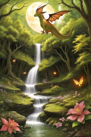 Design an enchanting fantasy forest scene with a majestic waterfall as its centerpiece. The forest should be vibrant and teeming with life, featuring colorful and otherworldly flora and fauna. There should be a sense of magical realism, with ethereal creatures like glowing fireflies, gentle woodland spirits, and gracefully soaring dragons. The image should be set during a magical twilight, with the soft glow of the moon and stars illuminating the surroundings. The level of detail should be extraordinary, resembling a hand-painted masterpiece, and the resolution should be 8k to make it suitable as a stunning desktop wallpaper