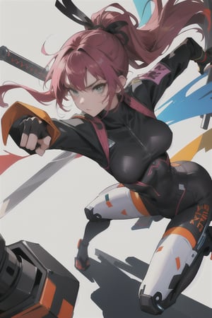 Make design, 1 girl , 20yo,doing ninja move,nice art,8k,medium_breasts, hold weapons, active background, colorful,perfect art,wearing white,war Mode,add some mech,detailed skin,