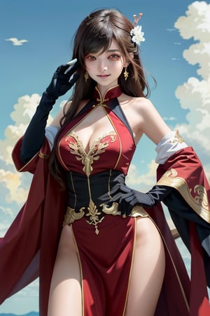 beidou(genshin impact), smile, one eye covered, brown hair, cleavage, bird, eyepatch, solo, hair over one eye, sky, fingerless gloves, thighs, black gloves, red eyes, outdoors, hair ornament, jewelry, dress, earrings, gloves, day, cloud, long hair, looking at viewer, red dress, blue sky, pelvic curtain, chinese clothes, 1girl, hairpin

