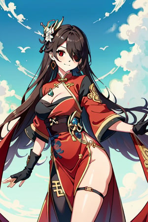 beidou(genshin impact), smile, one eye covered, brown hair, cleavage, bird, eyepatch, solo, hair over one eye, sky, fingerless gloves, thighs, black gloves, red eyes, outdoors, hair ornament, jewelry, dress, earrings, gloves, day, cloud, long hair, looking at viewer, red dress, blue sky, pelvic curtain, chinese clothes, 1girl, hairpin

