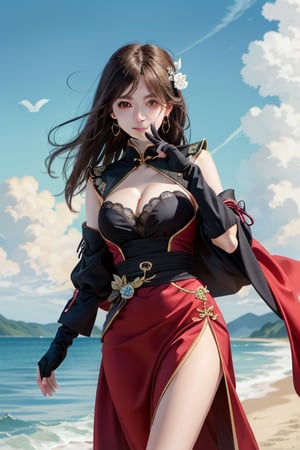 beidou(genshin impact), smile, one eye covered, brown hair, cleavage, bird, eyepatch, solo, hair over one eye, sky, fingerless gloves, thighs, black gloves, red eyes, outdoors, hair ornament, jewelry, dress, earrings, gloves, day, cloud, long hair, looking at viewer, red dress, blue sky, pelvic curtain, chinese clothes, 1girl, hairpin

