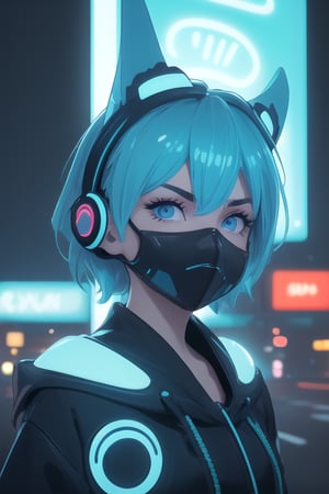 (frontal view, facing viewer:1.2), centered, masterpiece, face portrait, | 1girl, solo, aqua hair color, short hairstyle, light blue eyes, | (neon wireless headphones headset:1.2), (black neon futuristic mouth mask:1.2), dark blue hoodie, | futuristic city lights, sunset, buildings, urban scenery, neon lights | bokeh, depth of field,