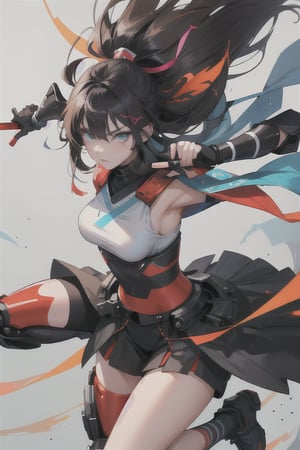 Make design, 1 girl , 20yo,doing ninja move,nice art,8k,medium_breasts, hold weapons, active background, colorful,perfect art,wearing white,war Mode,add some mech,detailed skin,perfect eyes.