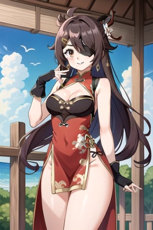 beidou(genshin impact), smile, one eye covered, brown hair, cleavage, bird, eyepatch, solo, hair over one eye, sky, fingerless gloves, thighs, black gloves, red eyes, outdoors, hair ornament, jewelry, dress, earrings, gloves, day, cloud, long hair, looking at viewer, red dress, blue sky, pelvic curtain, chinese clothes, 1girl, hairpin

