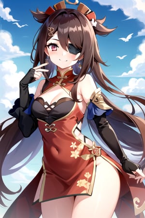 beidou(genshin impact), smile, one eye covered, brown hair, cleavage, bird, eyepatch, solo, hair over one eye, sky, fingerless gloves, thighs, black gloves, red eyes, outdoors, hair ornament, jewelry, dress, earrings, gloves, day, cloud, long hair, looking at viewer, red dress, blue sky, pelvic curtain, chinese clothes, 1girl, hairpin

