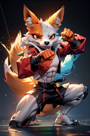 Make design, a fox doing karate,nice art,8k,has muscle, active background, colorful,perfect art,frog wearing white