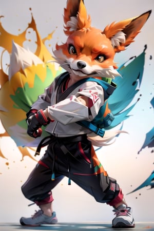 Make design, a fox doing karate,nice art,8k,has muscle, active background, colorful,perfect art,frog wearing white