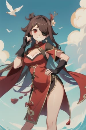 beidou(genshin impact), smile, one eye covered, brown hair, cleavage, bird, eyepatch, solo, hair over one eye, sky, fingerless gloves, thighs, black gloves, red eyes, outdoors, hair ornament, jewelry, dress, earrings, gloves, day, cloud, long hair, looking at viewer, red dress, blue sky, pelvic curtain, chinese clothes, 1girl, hairpin

