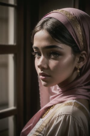 1girl, backlighting,Muslim woman, 18, beautiful, modesty, elegance, cultural sensitivity, facial features, body positivity, context, background, natural lighting, attention to detail, emotional expression, respect for religious symbolism, diversity, art,blurry,lovely expression,looking at viewer,pink lips,solo focus, pose for viewer,looking down a bit,side eyes


