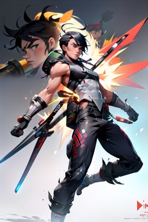 Make design, 1 man, 20yo,doing ninja move,nice art,8k,has muscle, hold weapons, active background, colorful,perfect art,wearing white,war Mode,add some mech,(mihoyo art)