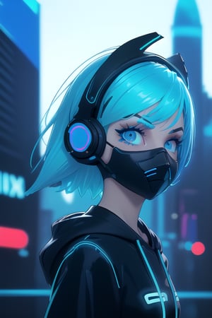 (frontal view, facing viewer:1.2), centered, masterpiece, face portrait, | 1girl, solo, aqua hair color, short hairstyle, light blue eyes, | (neon wireless headphones headset:1.2), (black neon futuristic mouth mask:1.2), dark blue hoodie, | futuristic city lights, sunset, buildings, urban scenery, neon lights | bokeh, depth of field,