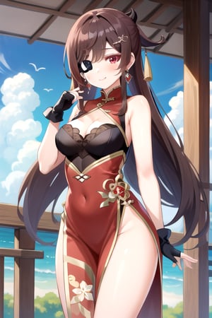 beidou(genshin impact), smile, one eye covered, brown hair, cleavage, bird, eyepatch, solo, hair over one eye, sky, fingerless gloves, thighs, black gloves, red eyes, outdoors, hair ornament, jewelry, dress, earrings, gloves, day, cloud, long hair, looking at viewer, red dress, blue sky, pelvic curtain, chinese clothes, 1girl, hairpin

