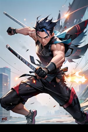 Make design, 1 man, 20yo,doing ninja move,nice art,8k,has muscle, hold weapons, active background, colorful,perfect art,wearing white,war Mode