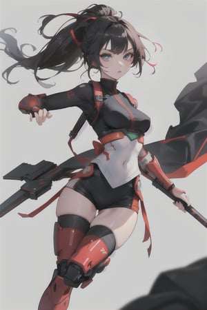 Make design, 1 girl , 20yo,doing ninja move,nice art,8k,medium_breasts, hold weapons, active background, colorful,perfect art,wearing white,war Mode,add some mech,detailed skin,perfect eyes.