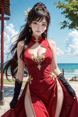 beidou(genshin impact), smile, one eye covered, brown hair, cleavage, bird, eyepatch, solo, hair over one eye, sky, fingerless gloves, thighs, black gloves, red eyes, outdoors, hair ornament, jewelry, dress, earrings, gloves, day, cloud, long hair, looking at viewer, red dress, blue sky, pelvic curtain, chinese clothes, 1girl, hairpin

