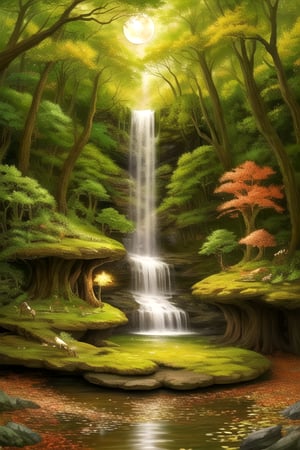 Design an enchanting fantasy forest scene with a majestic waterfall as its centerpiece. The forest should be vibrant and teeming with life, featuring colorful and otherworldly flora and fauna. There should be a sense of magical realism, with ethereal creatures like glowing fireflies, gentle woodland spirits, and gracefully soaring dragons. The image should be set during a magical twilight, with the soft glow of the moon and stars illuminating the surroundings. The level of detail should be extraordinary, resembling a hand-painted masterpiece, and the resolution should be 8k to make it suitable as a stunning desktop wallpaper