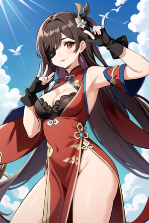 beidou(genshin impact), smile, one eye covered, brown hair, cleavage, bird, eyepatch, solo, hair over one eye, sky, fingerless gloves, thighs, black gloves, red eyes, outdoors, hair ornament, jewelry, dress, earrings, gloves, day, cloud, long hair, looking at viewer, red dress, blue sky, pelvic curtain, chinese clothes, 1girl, hairpin

