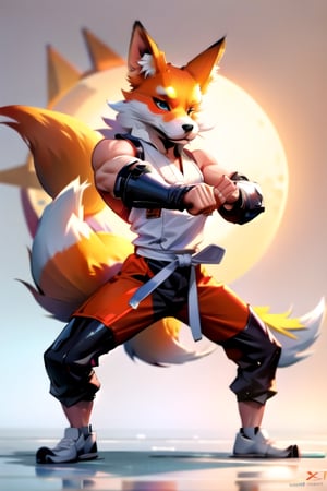 Make design, a fox doing karate,nice art,8k,has muscle, active background, colorful,perfect art,frog wearing white