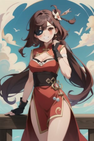 beidou(genshin impact), smile, one eye covered, brown hair, cleavage, bird, eyepatch, solo, hair over one eye, sky, fingerless gloves, thighs, black gloves, red eyes, outdoors, hair ornament, jewelry, dress, earrings, gloves, day, cloud, long hair, looking at viewer, red dress, blue sky, pelvic curtain, chinese clothes, 1girl, hairpin

