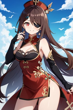 beidou(genshin impact), smile, one eye covered, brown hair, cleavage, bird, eyepatch, solo, hair over one eye, sky, fingerless gloves, thighs, black gloves, red eyes, outdoors, hair ornament, jewelry, dress, earrings, gloves, day, cloud, long hair, looking at viewer, red dress, blue sky, pelvic curtain, chinese clothes, 1girl, hairpin

