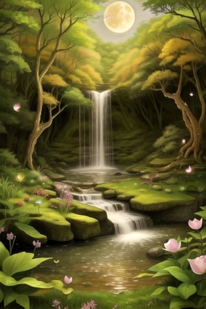 Design an enchanting fantasy forest scene with a majestic waterfall as its centerpiece. The forest should be vibrant and teeming with life, featuring colorful and otherworldly flora and fauna. There should be a sense of magical realism, with ethereal creatures like glowing fireflies, gentle woodland spirits, and gracefully soaring dragons. The image should be set during a magical twilight, with the soft glow of the moon and stars illuminating the surroundings. The level of detail should be extraordinary, resembling a hand-painted masterpiece, and the resolution should be 8k to make it suitable as a stunning desktop wallpaper