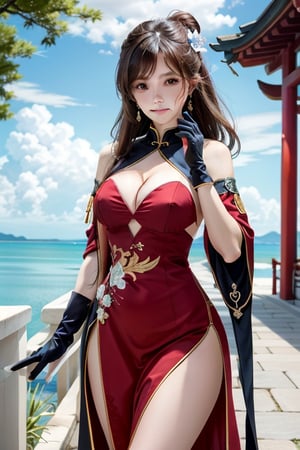 beidou(genshin impact), smile, one eye covered, brown hair, cleavage, bird, eyepatch, solo, hair over one eye, sky, fingerless gloves, thighs, black gloves, red eyes, outdoors, hair ornament, jewelry, dress, earrings, gloves, day, cloud, long hair, looking at viewer, red dress, blue sky, pelvic curtain, chinese clothes, 1girl, hairpin

