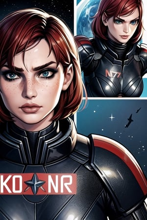 1 girl, Jane, armour, space background, close up, heroic pose, serious mood, N7, Hero, Commander Shepard, Earth, Space, The Moon, Reapers, Movie poster, poster, hero pose