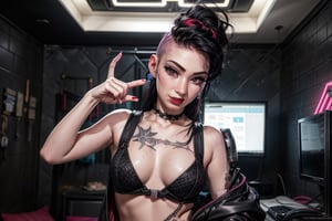 1 girl, small breasts, close up face, looking at viewer, open smile, fishnet bra septum piercing ,red lips, half shaved head, ear piercings, heavy make-up, heavy make-up, 3 metal fingers, cyber eye, cyberpunk outfit, cyberpunk tight leotard, giant tv screens turned on, sexy, hair, large wrist device computer, bathroom tiles, cyberpunk bedroom, cyberpunk furniture, Binary tattoo , bed room, bed, pillow, selife,