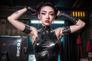 1 girl, small breasts, close up face, looking at viewer, open smile, fishnet bra septum piercing ,red lips, half shaved head, ear piercings, heavy make-up, heavy make-up, 3 metal fingers, cyber eye, cyberpunk outfit, cyberpunk tight leotard, giant tv screens turned on, sexy, hair, large wrist device computer, bathroom tiles, cyberpunk bedroom, cyberpunk furniture, Binary tattoo , bed room, bed, pillow, selife,