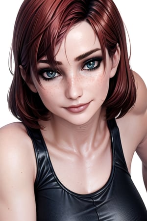 1 girl, ,Jane,perfecteyes, close up, tank top, N7, smile, Normandy, we can do this pose, smile, close up, N7, armor, sexy, space background