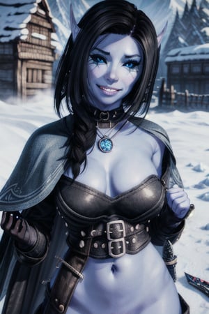 1 girl, blue skin, elf ears, looking at the viewer, eye tattoos, smile, nordic village, viking village, skyrim, snow, winter, sword, black hair, neckless, collar, facial percings,  half shaved head, cloak, daggers, magical_girl, naked, snow flakes