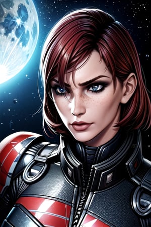 1 girl, Jane, armour, space background, close up, heroic pose, serious mood, N7, Hero, Commander Shepard, Earth, Space, The Moon, Reapers, Movie poster, poster, hero pose,Jane,photo of perfecteyes eyes