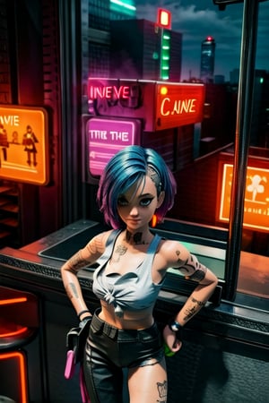 tattoo, tank top, neon, night city, character sheet, ,inboxDollPlaySetQuiron style,ActionFigureQuiron style