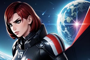 1 girl, Jane, armour, space background, close up, heroic pose, serious mood, N7, Hero, Commander Shepard, Earth, Space, The Moon, Reapers