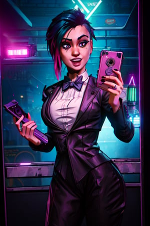 ,judyalvarez, cyberpunk,arcane style, clothed, sexy, badass, selife, suit, black suit, white shirt, bow tie, cyberpunk, future, happy, selife, for friend, girlfriend, 